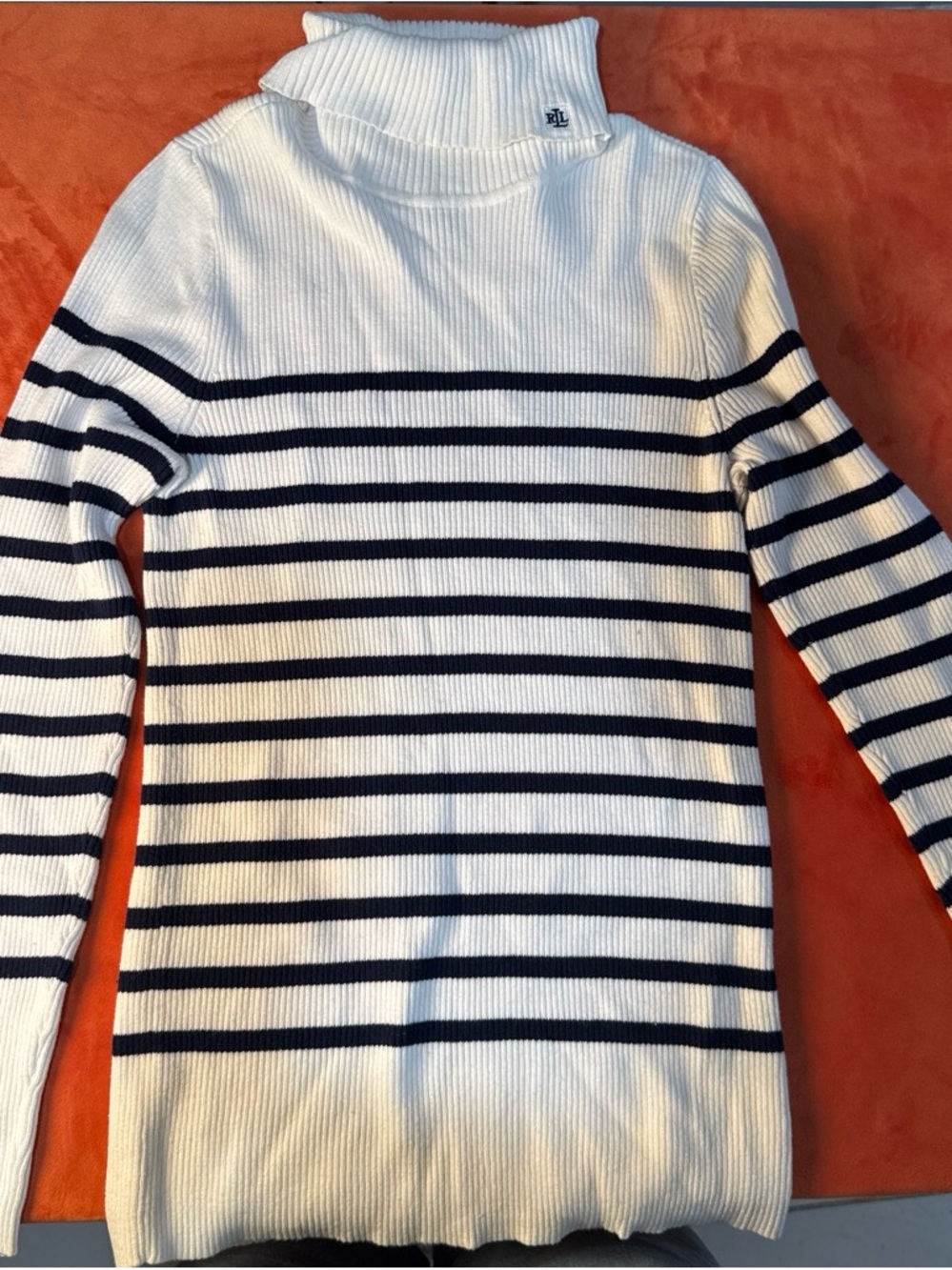 Ralph Lauren White and Navy Striped Turtleneck Sweater